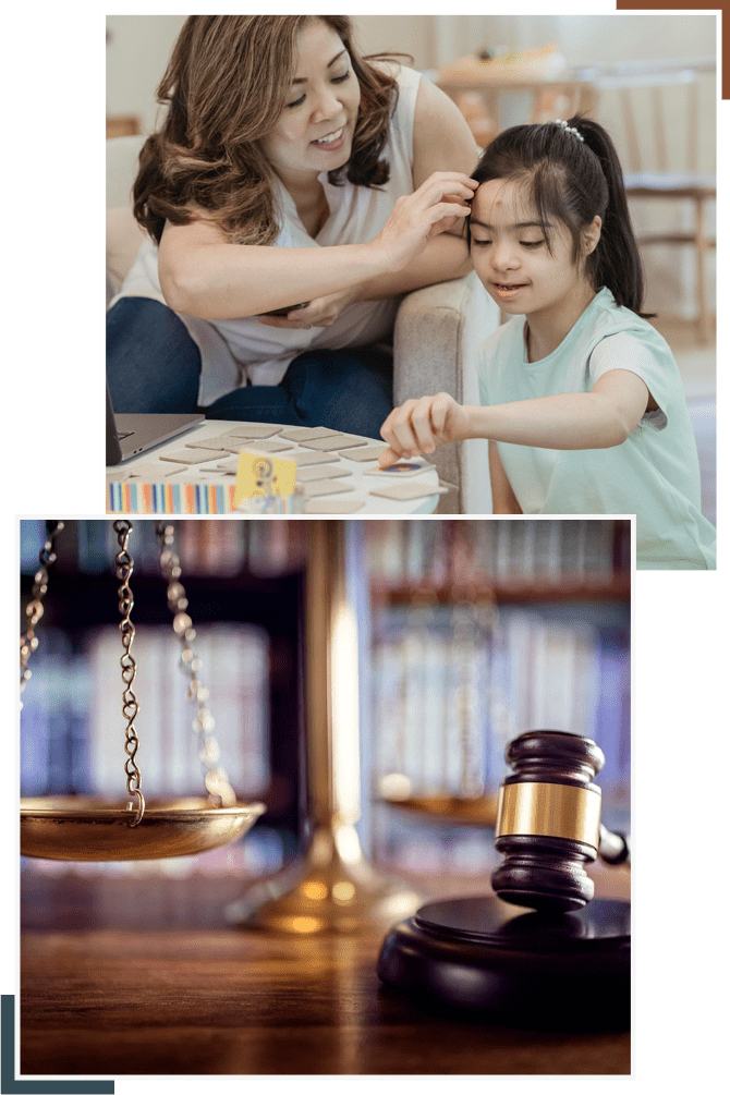 A woman and child playing with a game while a judge 's gavel is in the background.